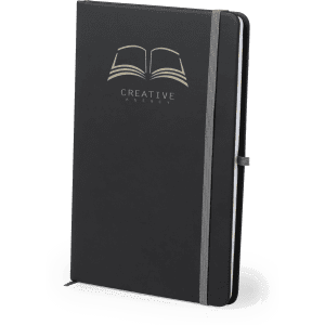 A black notepad with an elastic band closure and a logo on the front cover, featuring an open book design.