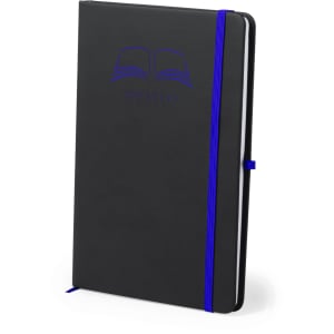 A black notepad with a blue elastic band and branding on the cover, featuring a smooth finish.