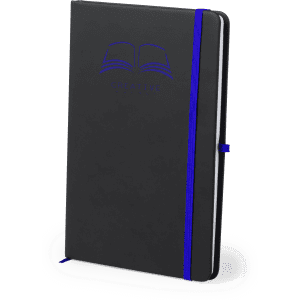 A black notepad with a blue elastic band and logo on the cover, featuring a creative design.