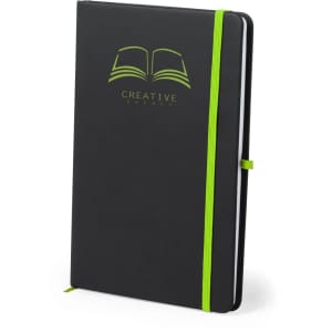 A black notepad with a green elastic band and branding on the cover.