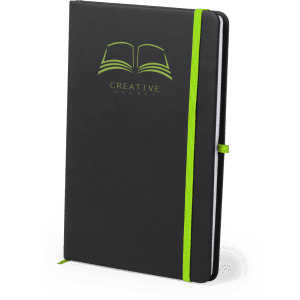 A black notepad with a green elastic band and a logo featuring an open book on the cover.