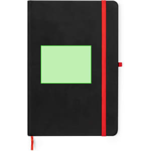 A black notepad with a green insert and a red elastic band closure. It features a logo on the cover.
