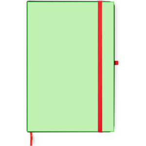 A green notepad with a red elastic closure and a red ribbon bookmark, featuring a logo.