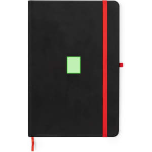 A black notepad with a red elastic band and a green square on the cover. It includes a bookmark ribbon.