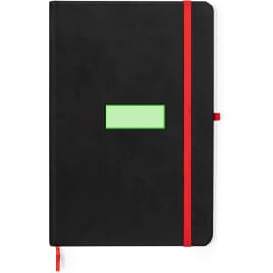 A black notepad with a red elastic band and ribbon marker, featuring a blank green space on the front.