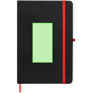 A black notepad with a green rectangle design and a red elastic band. Features a bookmark ribbon.