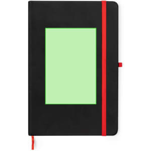 A black notepad with a red elastic band and a green insert area, featuring a logo on the cover.