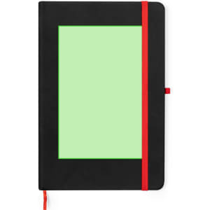 A black notepad with a green cover and a red elastic band, featuring a logo on the front.