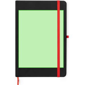 A black notepad with a light green interior and a red elastic band closure. Features a matching ribbon bookmark.