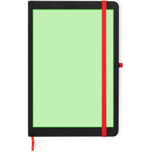 A black notepad with a green inner cover and a red elastic band for closure. It includes a logo.