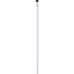 A grey lead pencil in white with a black eraser and a branding logo near the top.