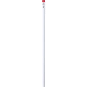 A grey-lead pencil with a white body and a red eraser on top, featuring a logo.