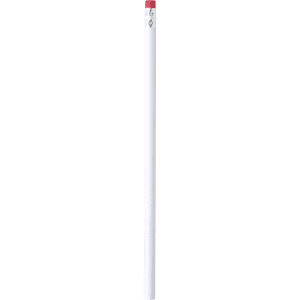 A grey-lead pencil with a white body and a red eraser at the top, featuring a logo.