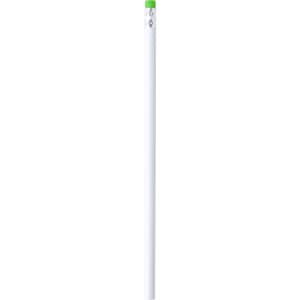 A grey-lead pencil with a white body and green accent at the top, featuring a logo.