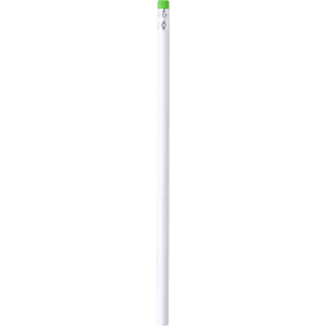 A grey-lead pencil in white with a green cap, featuring a logo at the top.