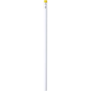 A grey-lead pencil in white with a yellow eraser tip and a logo near the top.