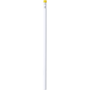 A grey lead pencil with a yellow eraser, featuring a logo at the top.