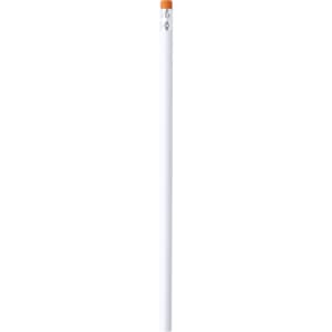 A grey-lead pencil with a white body and an orange eraser tip, featuring a logo.