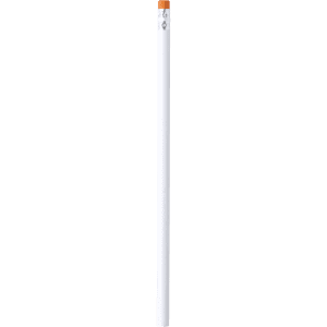 A grey-lead pencil with a white body and an orange eraser on the top. It features a logo near the eraser end.