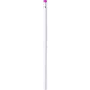 A grey-lead pencil in white with a pink top and a logo.