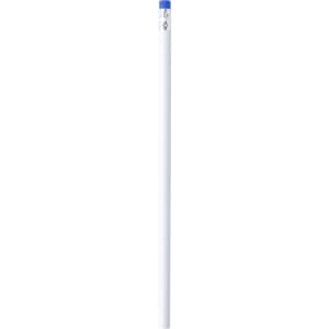 A grey-lead pencil with a blue top and a logo near the eraser. The pencil is predominantly white.