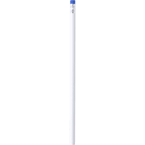 A grey-lead pencil with a blue cap at the top. The pencil has a smooth white finish and a logo on it.