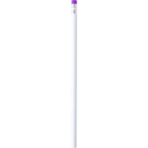 A grey-lead pencil with a white body and a purple end cap, featuring a logo.