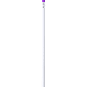 A grey-lead pencil in white with a purple top and a logo on the side.