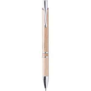 A wooden pen in a light colour with silver accents and a branded logo. Ideal for writing.
