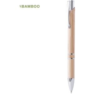 A wooden pen with a bamboo finish and chrome accents, featuring a sleek design and a logo.