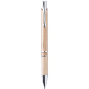 A wooden pen with a light wood finish, silver accents, and a sleek design. It features a branding logo.