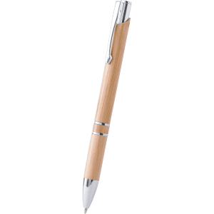 A wooden pen in a light colour with silver accents and a clip. It features a simple design and has a branding logo.