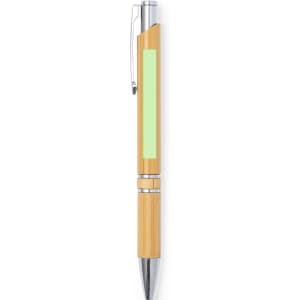 A wooden pen with a bamboo finish and chrome accents, featuring a green section for customisation.