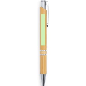 A wooden pen with a natural finish, silver accents, and a clip. It features a rectangular area for branding.
