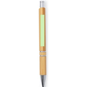 A wooden pen with a bamboo body and silver accents featuring a blank section for customisation.