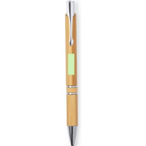 A wooden pen with a sleek bamboo design, chrome accents, and a smooth black ink tip. It features a branding logo.