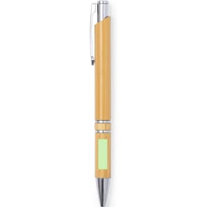 A wooden pen in light brown with silver accents and a logo on the side.