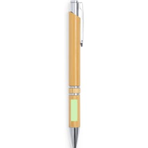 A wooden pen featuring a natural finish, chrome accents, and a clip, with a rectangular area for branding.