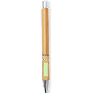 A wooden pen featuring a light wooden body, silver accents, and a mint green area on the barrel.
