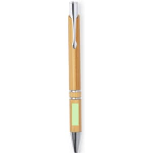 A wooden pen with a natural finish and silver accents, featuring a branding logo on its body.