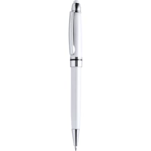 A white stylus touch ball pen with a silver clip and accents, featuring a sleek design and a branding logo.