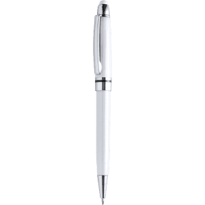 A white stylus touch ball pen with silver accents and a clip, featuring a logo near the top.