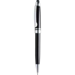 A stylus touch ball pen in black with silver accents and a clip. Features a sleek design and branding on the body.