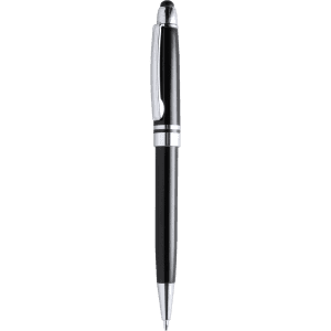 A stylus touch ball pen in black with silver accents. Features a sleek design and a clip.