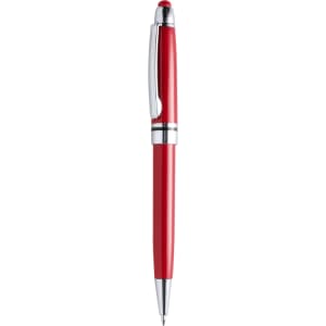 A red ballpoint pen with a stylus tip and chrome accents. It features a clip and a branded logo.