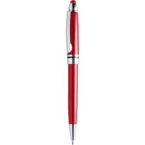 A red stylus touch ball pen with a chrome clip and accents, featuring a logo on the body.