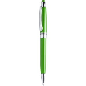 A green stylus touch ball pen with a shiny silver clip and accents. It features a rounded tip and sleek design.