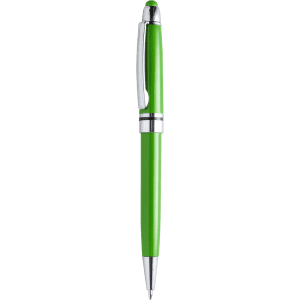 A green stylus touch ball pen with a silver clip and accents. The pen features a sleek design and branding.