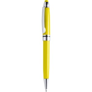 A yellow stylus touch ball pen with silver accents and a clip, featuring a logo.