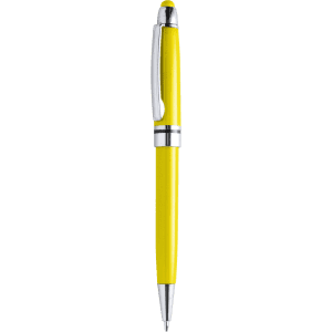 A yellow stylus touch ball pen with chrome accents and a clip, featuring a sleek design and a logo.